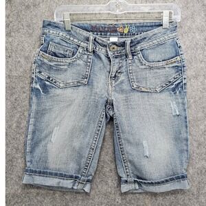 Mudd Womens Size 5 Blue Denim Bermuda Shorts Y2K Cuffed Distressed DJBM11136